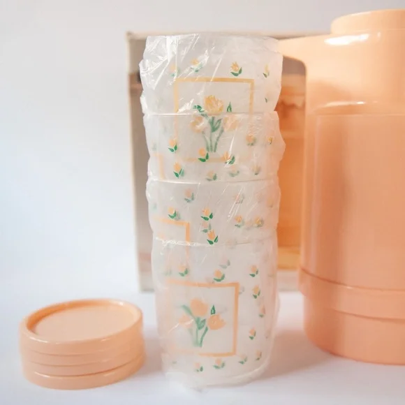 Vintage 80s Plastic Pitcher Cups Coaster SetCottagecore Peach Floral